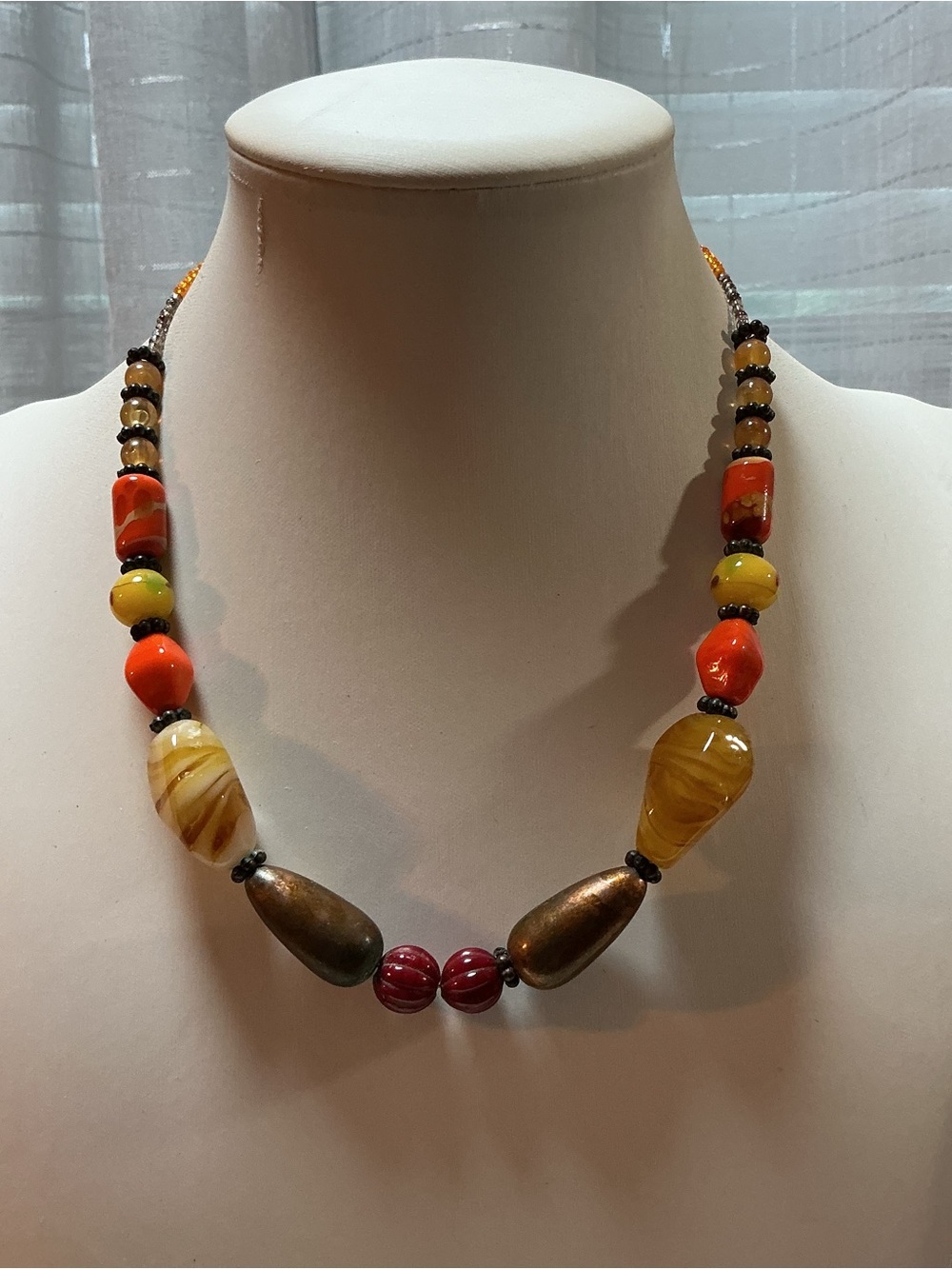 Amber Orange Yellow Art Glass Beaded Gunmetal Tone Necklace